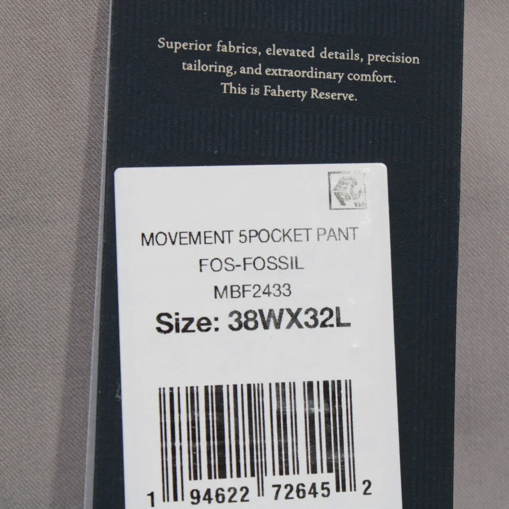 Faherty NWT 5 Pocket Jean Cut Pants Size 38 US Movement in Gray Cotton Blend